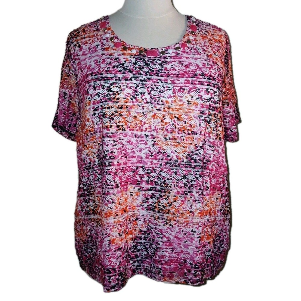 Sag Harbor Womens 3X Embellished Artsy Lace Overlay Print Short Sleeve Pink Top